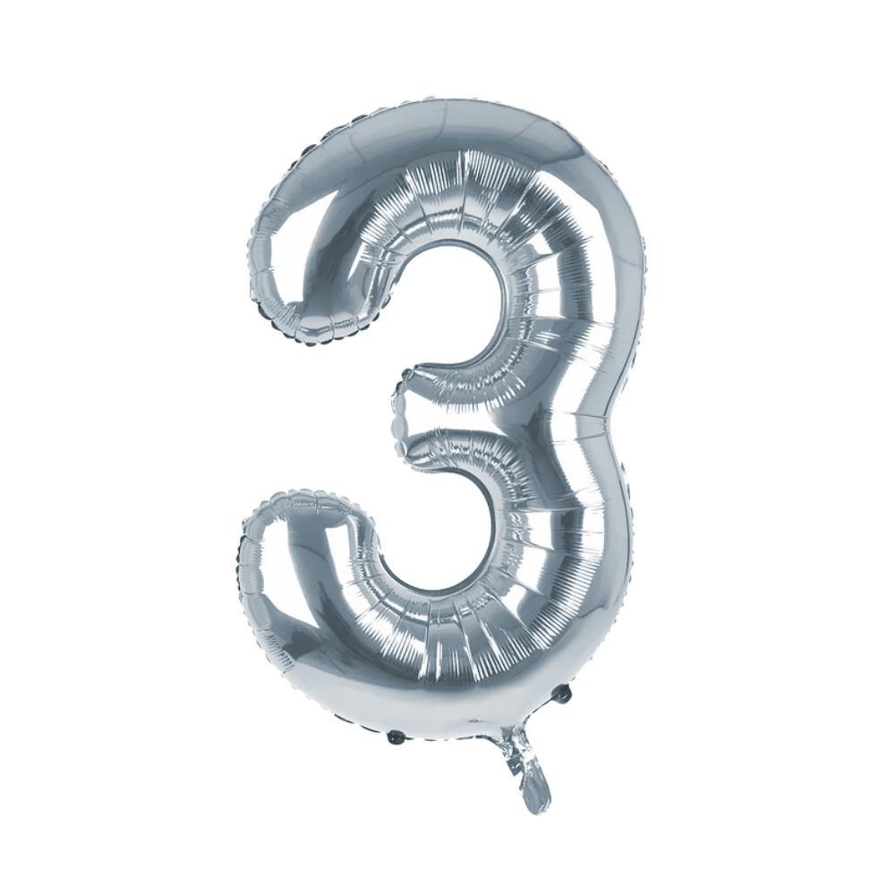 Cijfer Ballon '3' Zilver (100CM) - PartyPro.nl