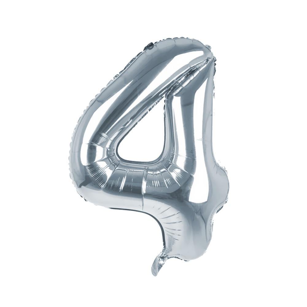 Cijfer Ballon '4' Zilver (100CM) - PartyPro.nl