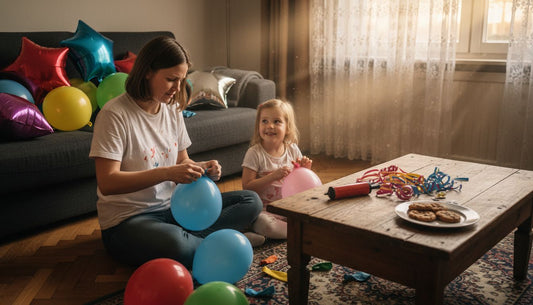 Mother and daughter decorating balloons at home
