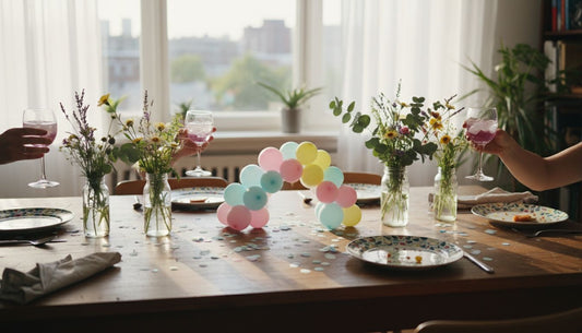 Gezellige feesttafel met ballonnen en bloemen