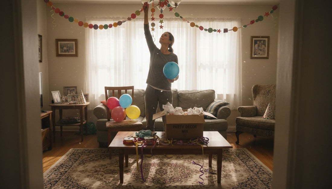 Vrouw hangt feestdecoratie in eenvoudige huiskamer