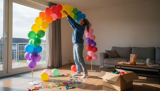 Vrouw maakt zelf een ballonnenboog voor een feestelijke gelegenheid