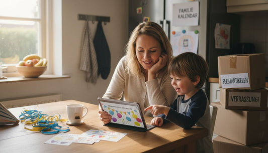 Een ouder en kind zoeken samen online naar leuke versieringen voor in huis.