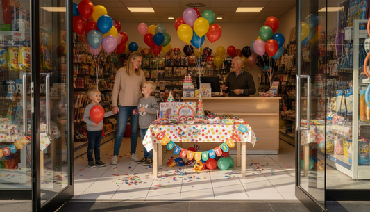 Een gezin struint enthousiast rond tussen de slingers en ballonnen in een vrolijk versierde feestwinkel.