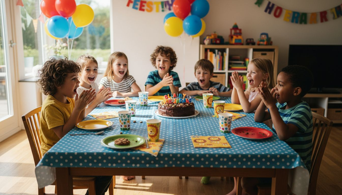 Kinderen zitten gezellig aan een feestelijk versierde tafel vol kleur.