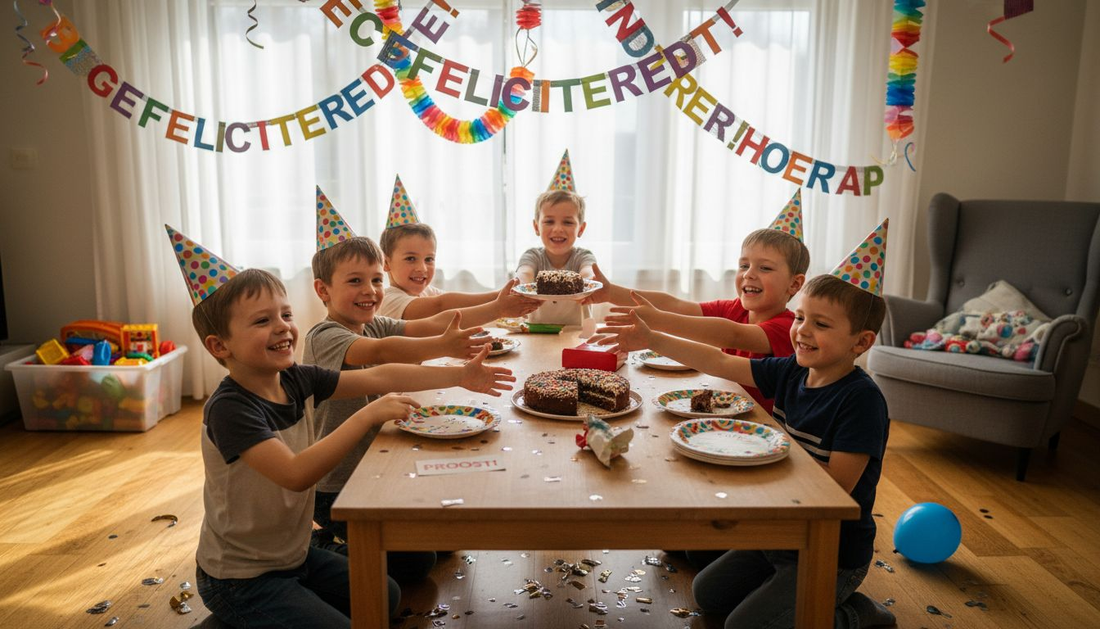 Kinderen vieren een verjaardagsfeestje tussen vrolijke slingers.