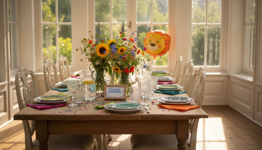 Een sfeervol gedekte tafel met kleurrijke bloemen en mooi servies