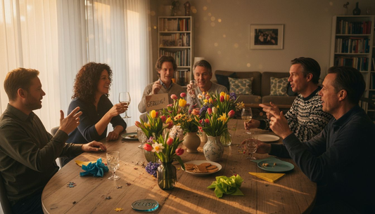 Een groep volwassenen geniet samen van een gezellig gedekte en feestelijk versierde tafel in de woonkamer.