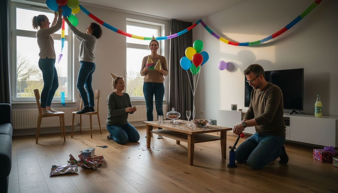 Een groep vrienden kleedt de woonkamer gezellig aan met feestelijke versiering.