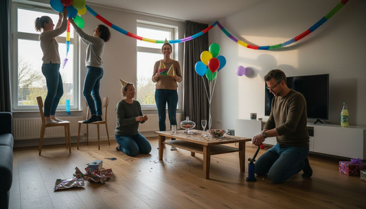 Een groep vrienden kleedt de woonkamer gezellig aan met feestelijke versiering.
