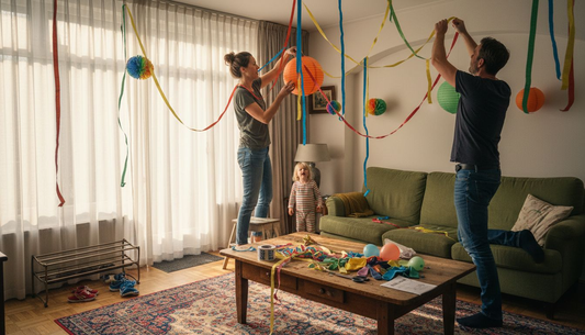 Terwijl het feest nadert, toveren ouders de woonkamer in een mum van tijd om tot een gezellige feestlocatie.