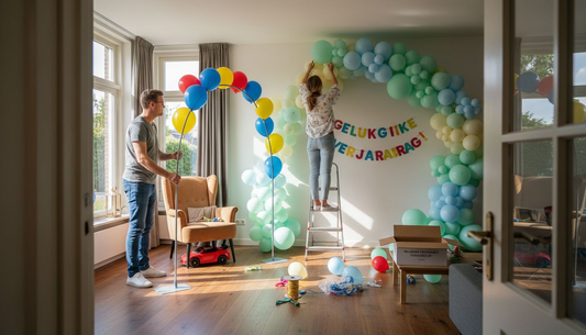 Ouders die druk in de weer zijn met het maken van een ballonnenboog voor het kinderfeestje.