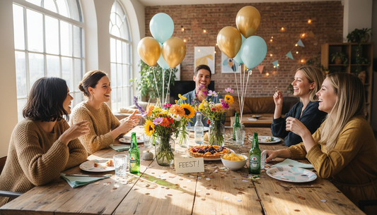 Een gezellige tafel vol lekkernijen, sfeervolle versiering en goed gezelschap.