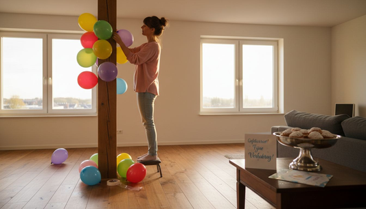 Creatieve vrouw zet zelf een feestelijke ballonnenpilaar in haar woonkamer neer