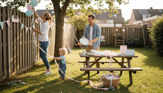 Een gezin is druk bezig met de voorbereidingen voor een gender reveal feestje in de tuin.