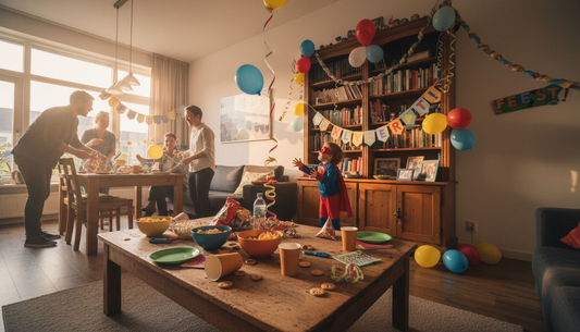 Een vrolijk verjaardagsfeest met kleurrijke versieringen en gezellige mensen.