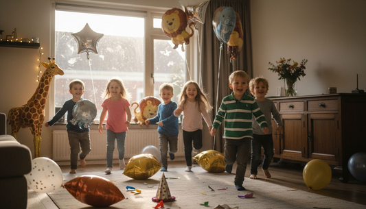 Tussen een zee van vrolijke folieballonnen rennen kinderen lachend heen en weer.