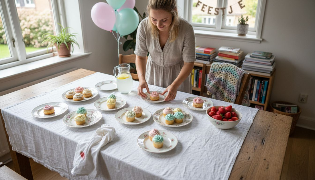 Sfeervol dessertbuffet in een lichte woonkamer