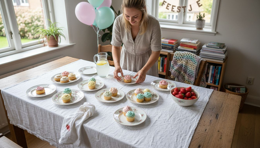 Sfeervol dessertbuffet in een lichte woonkamer