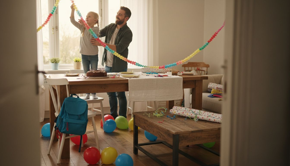 Samen met zijn dochter maakt vader de kamer feestelijk voor haar kinderfeestje.
