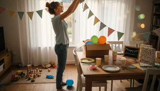 Een moeder versiert de woonkamer gezellig voor een kinderfeestje, zonder de portemonnee te trekken.