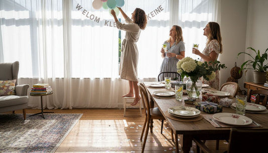 Een vrouw versiert haar knusse woonkamer voor een gezellige babyshower.