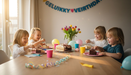 Blije kinderen zitten samen aan een feestelijk versierde tafel