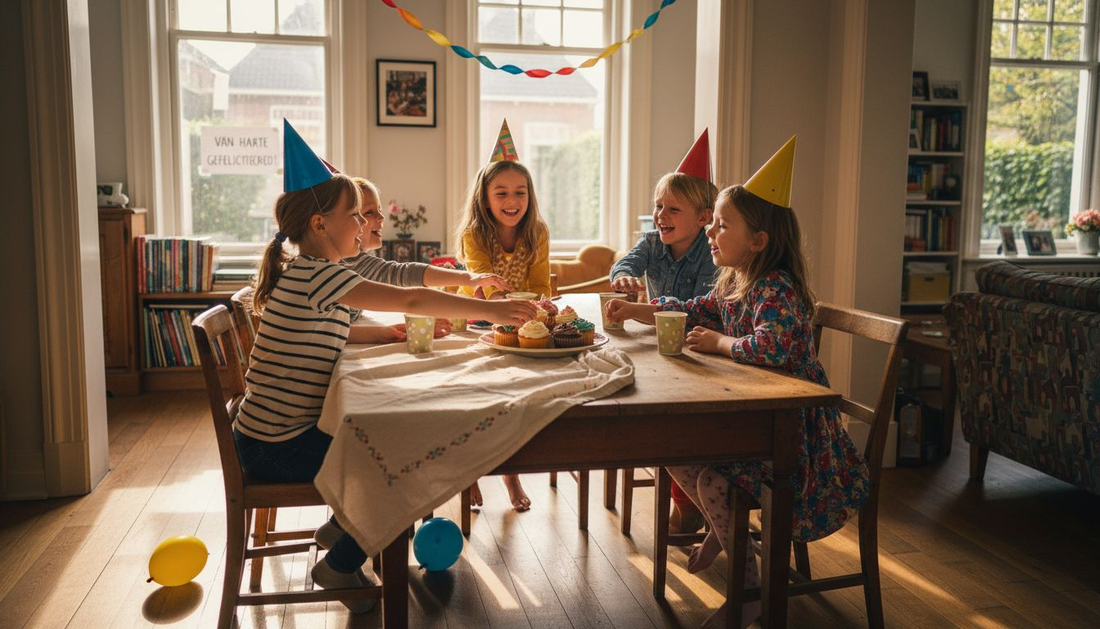 Kinderen vieren feest rond de eettafel thuis