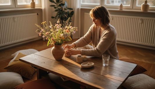 Een vrouw brengt orde aan in haar gezellige woonkamer door haar accessoires netjes te rangschikken.