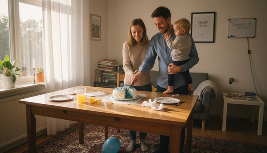 Samen snijdt het gezin de gender reveal taart aan.