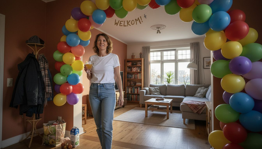 Een gast staat in de woonkamer onder een vrolijke boog van ballonnen.