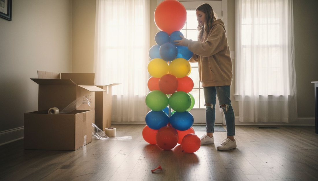 Een vrouw zet een ballonnenpilaar neer in de hal van haar huis.