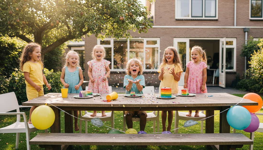 Een jongen blaast vrolijk confetti rond aan een feestelijk gedekte tafel buiten.