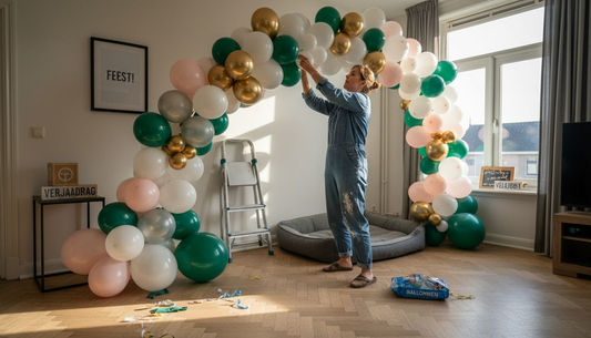 Een vrouw maakt thuis een vrolijke ballonnenboog