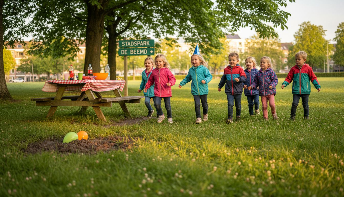 Kinderen rennen lachend achter elkaar aan tijdens een verjaardagsfeestje in de tuin.