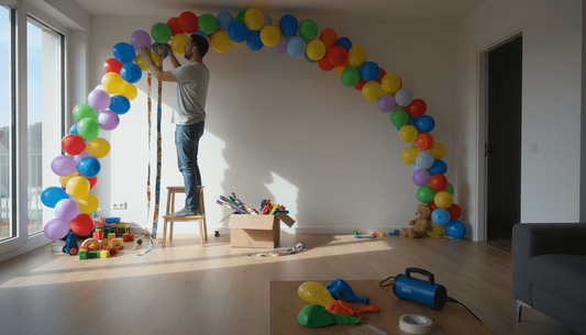 Man zet zelf een ballonnenboog in zijn woonkamer in elkaar