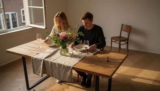 Maak van de eettafel een gezellige blikvanger met verse bloemen en sfeervolle kaarsen.