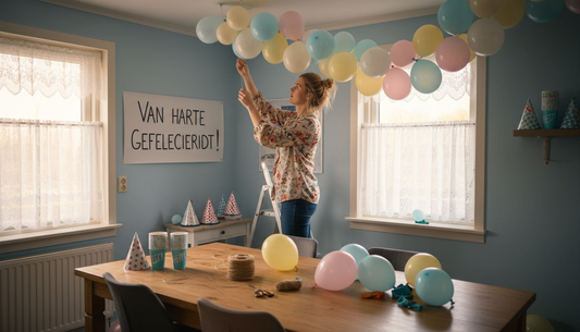 Een vrouw bevestigt een slinger van ballonnen als versiering voor het feest.