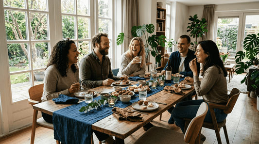 Een groep vrienden geniet samen van een feestelijke avond aan een hip gedekte tafel.
