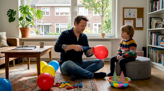Papa zit in de woonkamer een ballon op te blazen.