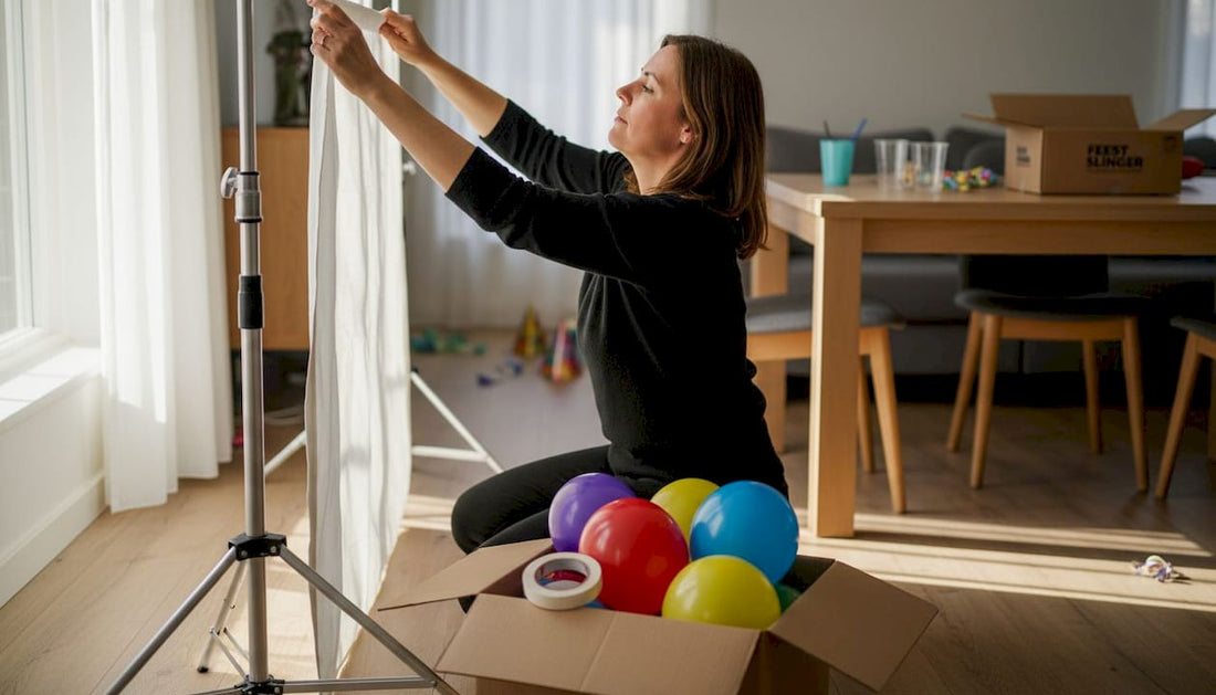 Een vrouw bevestigt een feestelijke achtergrond aan een metalen frame.