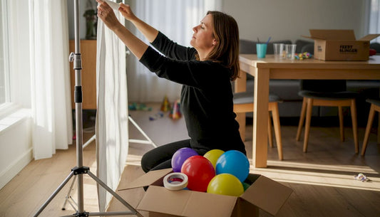 Een vrouw bevestigt een feestelijke achtergrond aan een metalen frame.