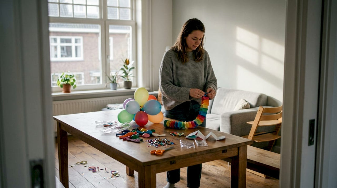 In de woonkamer is een vrouw druk bezig met het klaarmaken van de versiering voor een babyshower.