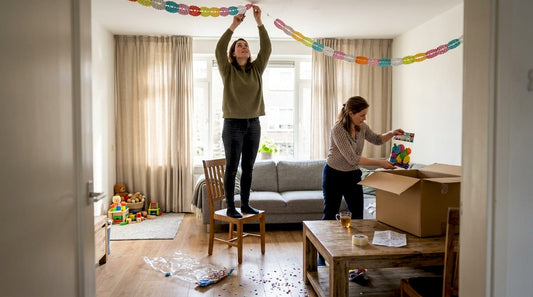 Twee vrouwen versieren de woonkamer met slingers voor een gezellig feestje thuis.
