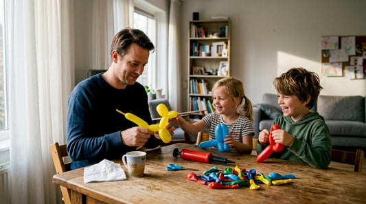 Een ouder staat vrolijk ballondieren te draaien voor een groep spelende kinderen.