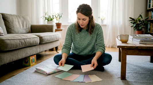 Vrouw zoekt de perfecte kleurencombinatie uit voor de babyshower