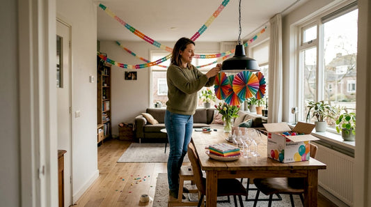 Een vrouw versiert de woonkamer met feestelijke slingers en decoratie.