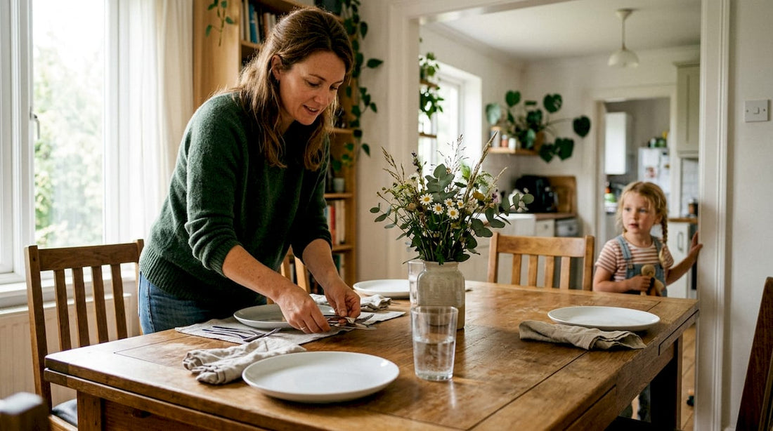 Een vrouw legt het feestelijk gedekte tafel klaar met mooi bestek en verse bloemen.