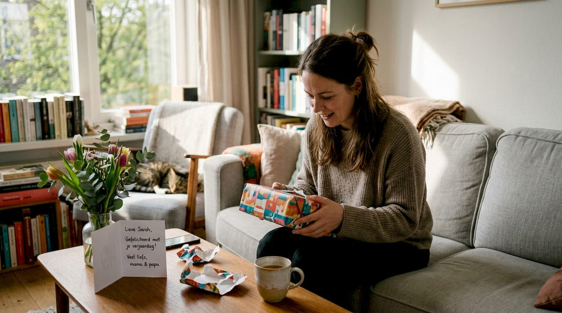 Op de bank zit een vrouw vrolijk haar verjaardagscadeau uit te pakken.