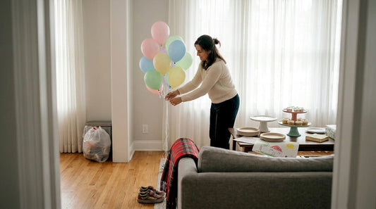 Een vrouw is haar woonkamer gezellig aan het versieren met ballonnen.
